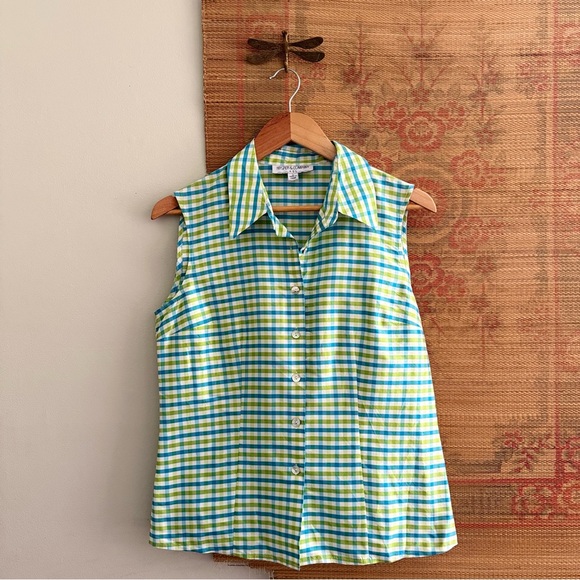 Vintage Tops - Vintage Silk Gingham Checkered Plaid Sleeveless Button Down Blouse size 8